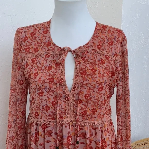 Sheer Fall Long Sleeve Maxi Dress Keyhole Ruffle Tiered Hem Prairie Cottagecore - Picture 3 of 10